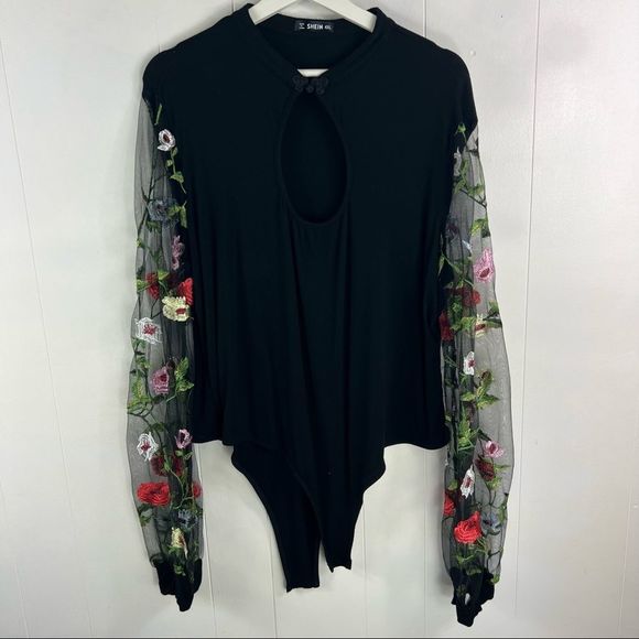 SHEIN Tops - SHEIN Black Bodysuit with Mesh Embroidered Floral Lantern Sleeves Size 4XL